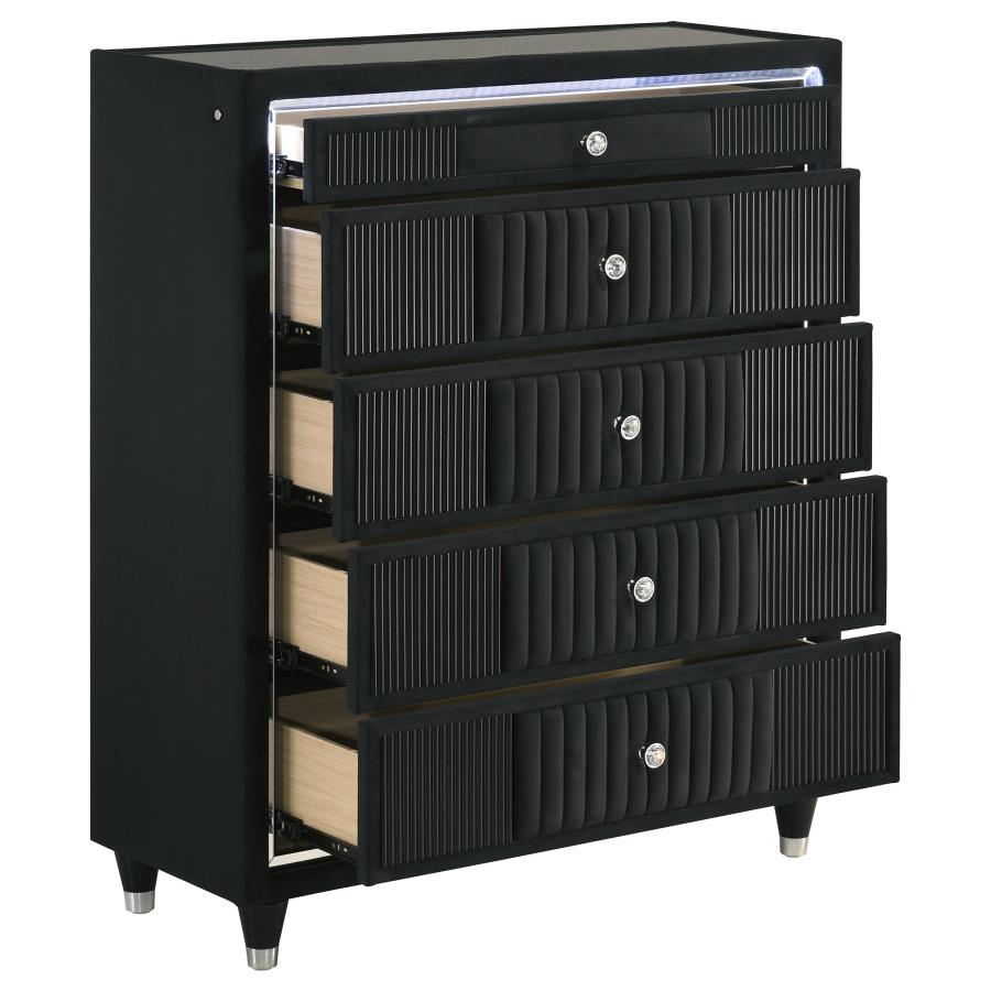 Ravenne 5-drawer Velvet Upholstered LED Chest of Drawers Black - 223195