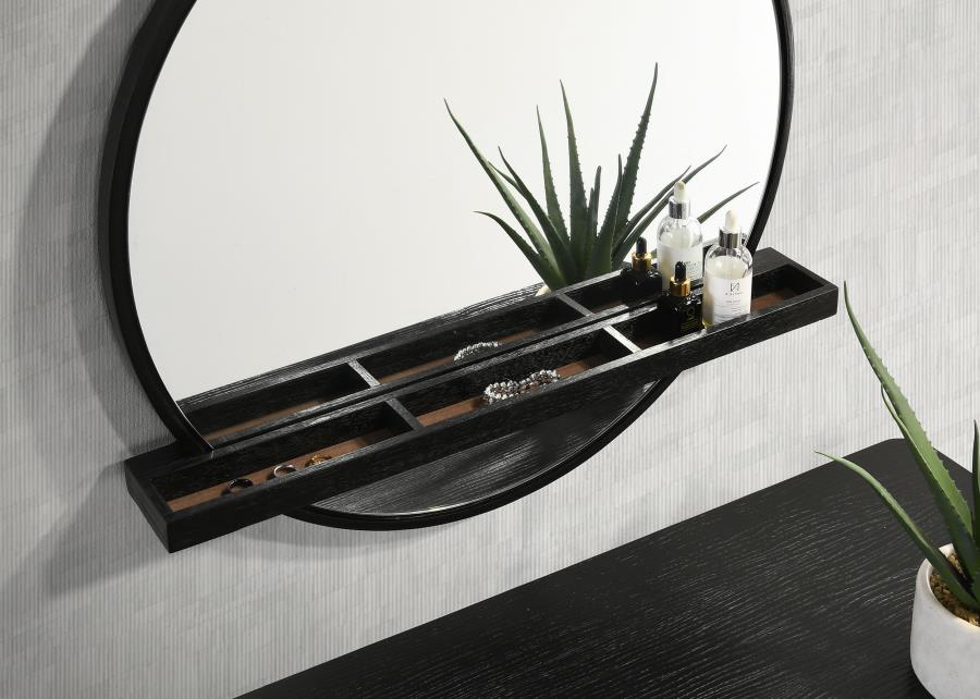 Arini Round Vanity Wall Mirror with Shelf Black - 224338