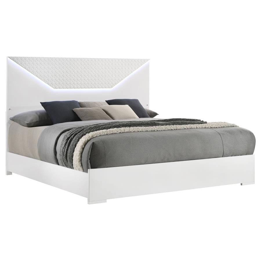 Ives Eastern King Panel Bed LED Headboard White High Gloss - 224941KE