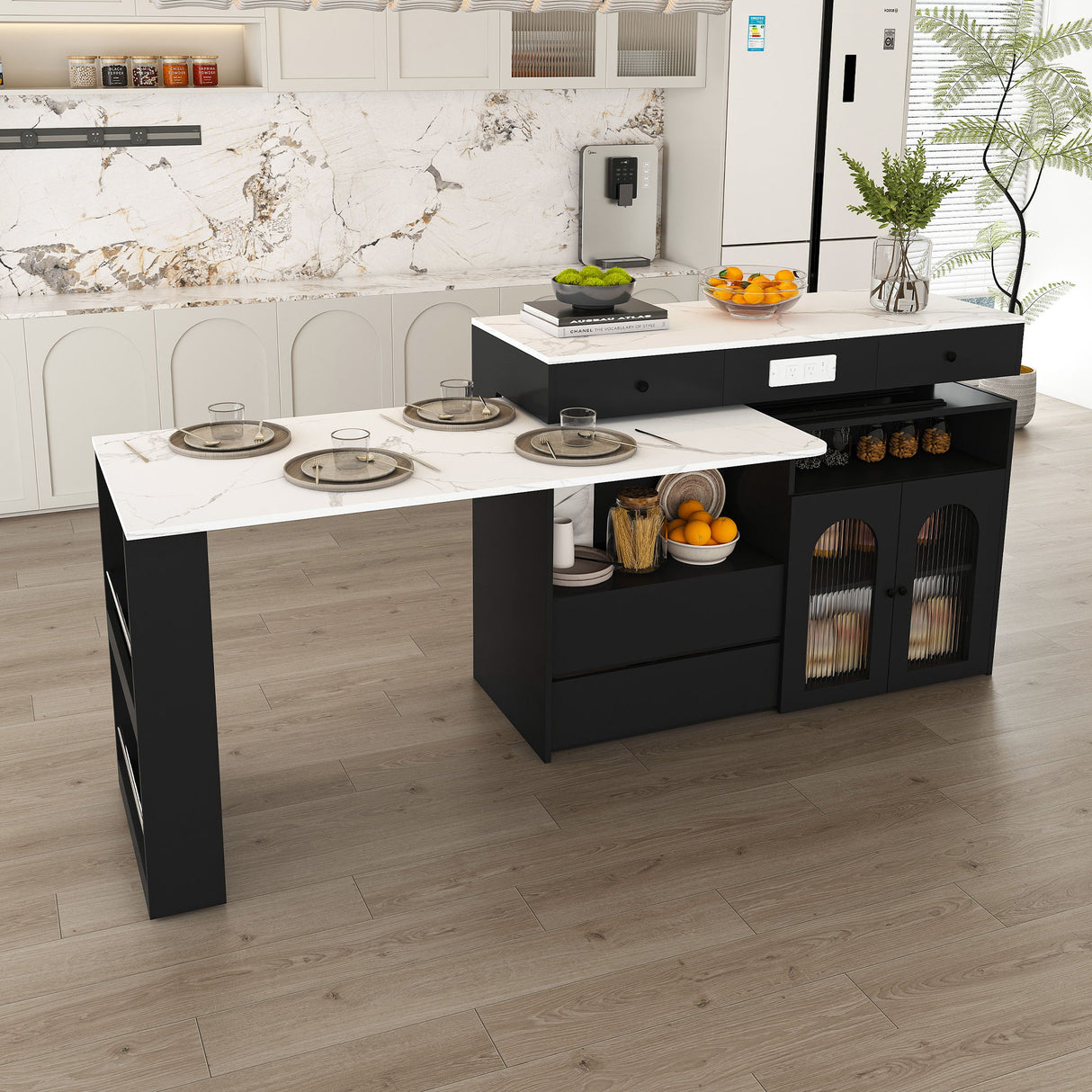 Kitchen Island With Extendable & Rotating Table