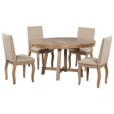 Round Extendable Dining Table Set With 4 Upholstered Chairs