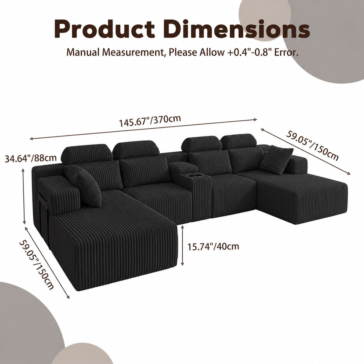 U-Shaped Sectional Sofa With Chaise Lounge And Cup Holders
