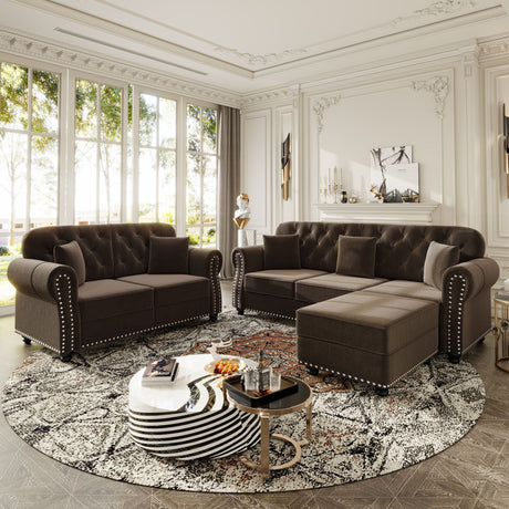 Upholstered Sofa Set With Nailhead Trim And Rolled Armrests, Includes Pillows