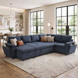U - Shaped Convertible Sectional Sofa Bed With Storage, USB Charger & Cup Holders