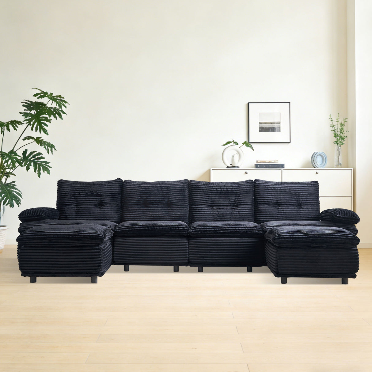 Upholstery Modular Sectional Sofa , 4 Seater With 2 Ottomans For Living Room - Black