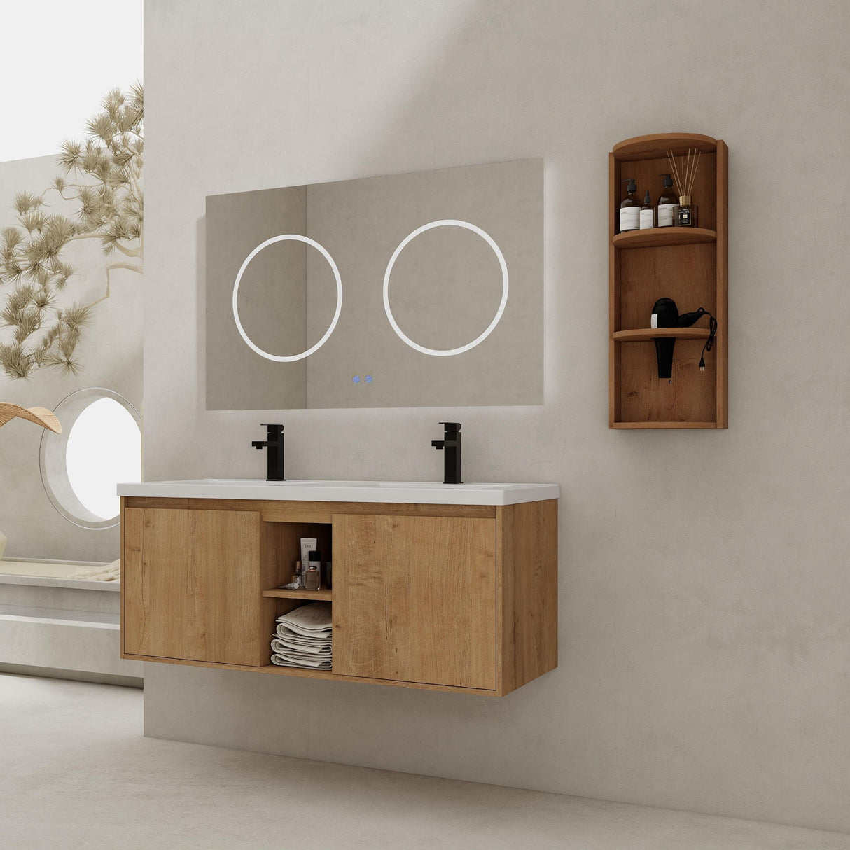 48" Wall Mounted Bathroom Vanity With Double Resin Sink And Storage Rack Soft Close Doors - Imitative Oak