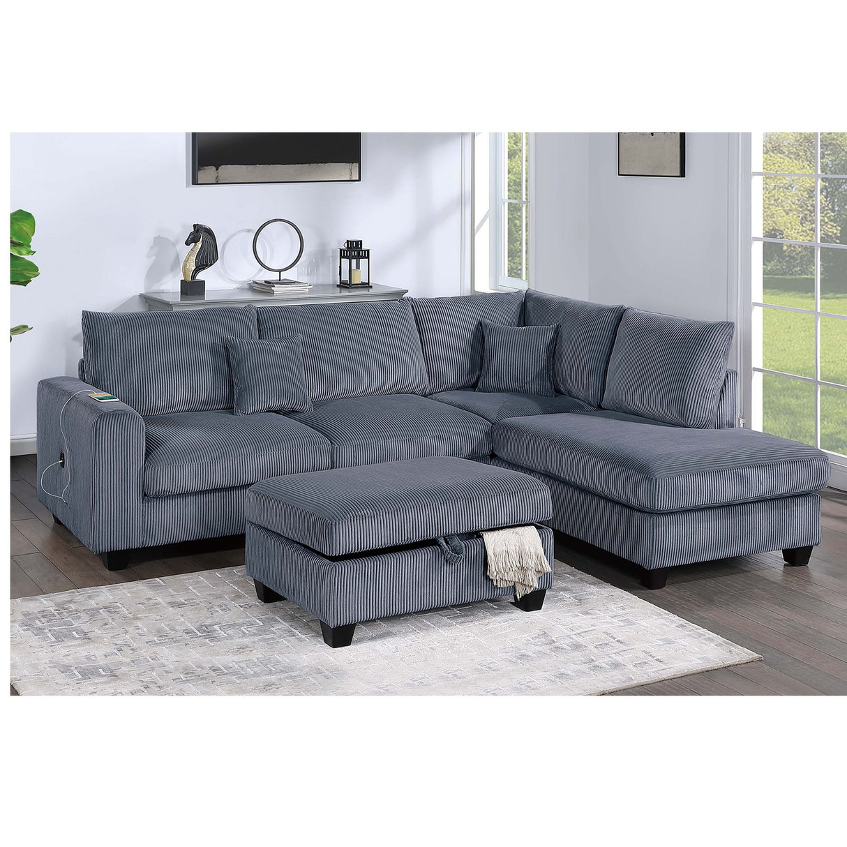 Modern Style Sectional Set With USB Port, Storage Ottoman