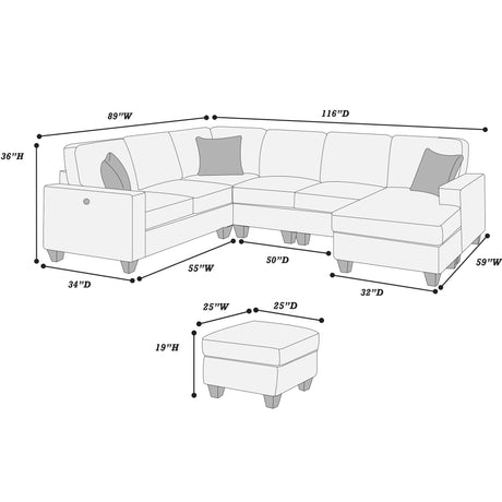 5 Piece Sectional Set With Left Arm Loveseat With USB Port
