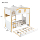 Bunk Bed With House Shaped Guardrails, Storage Shelves, And Trundle