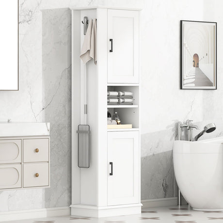 Tall Freestanding Bathroom Storage Cabinet With Adjustable Shelves And Side Hooks Board, Rectangle Design