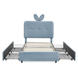 Upholstered Bed With Oversized Rabbit Ear Headboard, LED Lights & 4 Storage Drawers