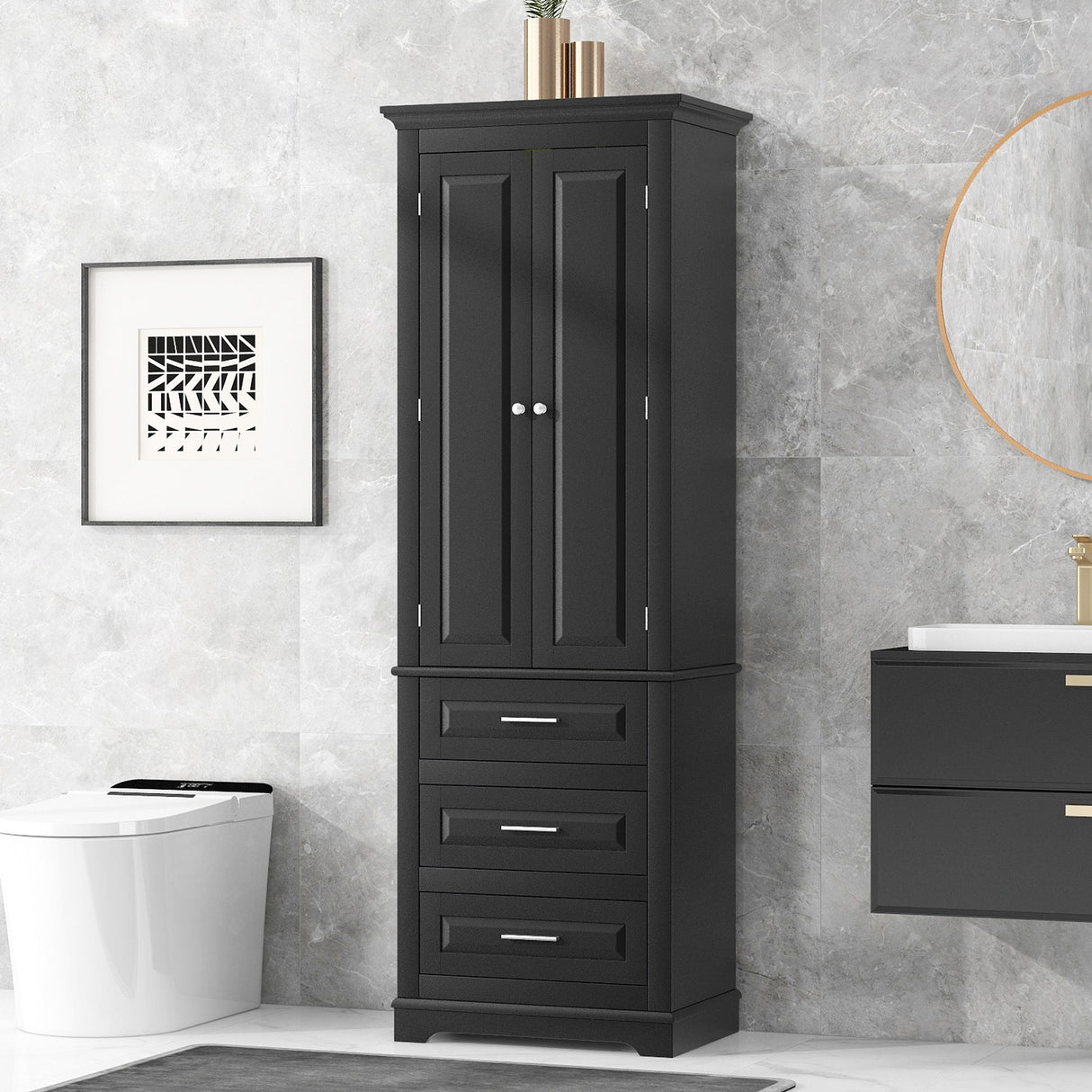 Tall Storage Cabinet With 3 Drawers For Bathroom