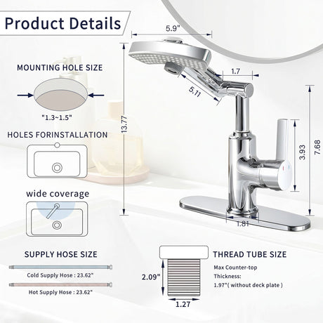 LED Temperature Display Bathroom Faucet With 3 Water Modes & 360° Rotating Spout - Chrome