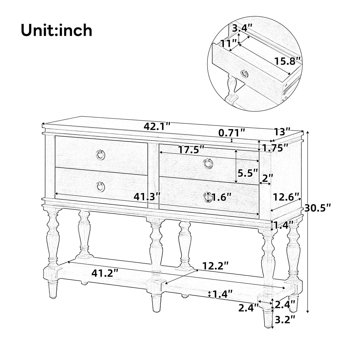 Console Table With 4 Soft Close Drawers, Thick Bottom Shelf For Living Room - Natural