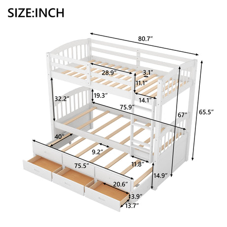 Bunk Bed With Trundle And Drawers, Arched Headboard And Footboard