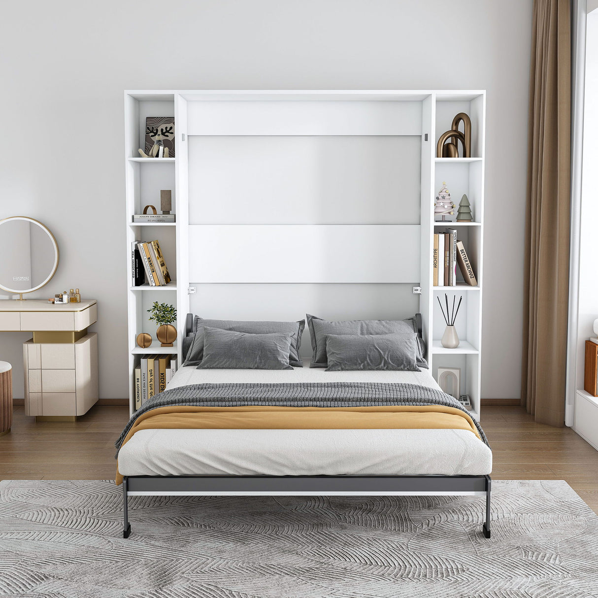 Queen Murphy Bed With Storage Cabinet, Foldable Wall Bed For Bedrooms - White