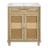 Bathroom Vanity With Handwoven Rattan Doors, Resin Basin - Natural Wood
