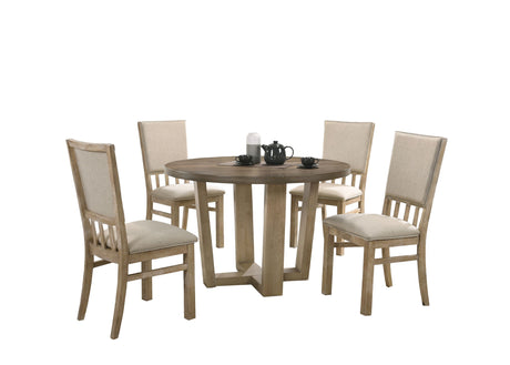 Brutus - 5 Piece Wide Round Dining Table With Wheat Colored Chairs (Set of 5) - Vintage Walnut