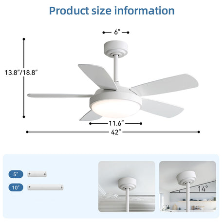 42" Ceiling Fan With 22W LED Light And Remote Control Blades Reversible DC Motor - White