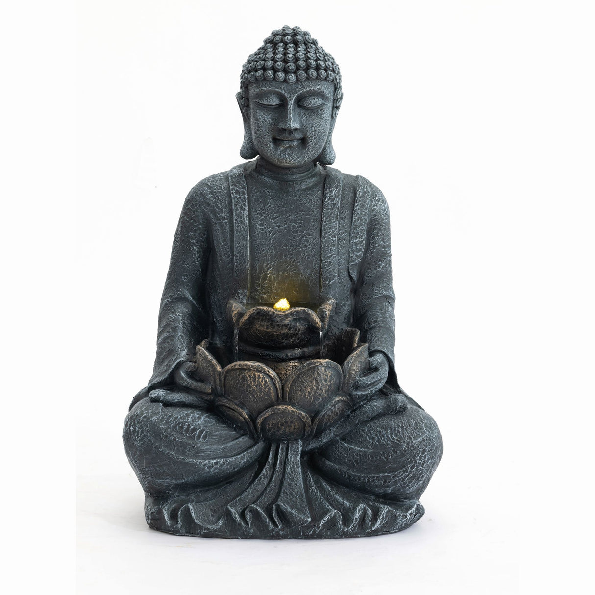 Zen - 2 Tier Meditating Buddha Water Fountain With Pump & LED Light - Gray