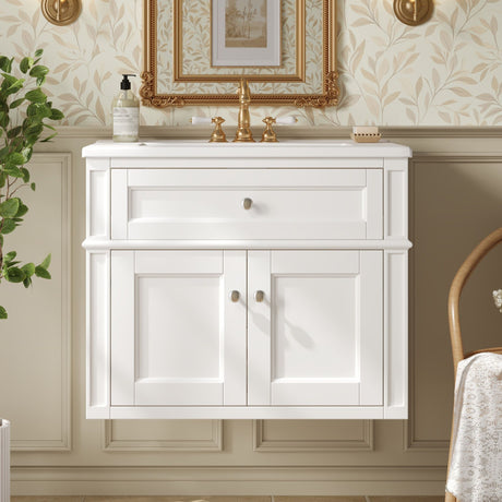 Wall Mounted Bathroom Vanity With Tip Out Drawer And Open Back Design