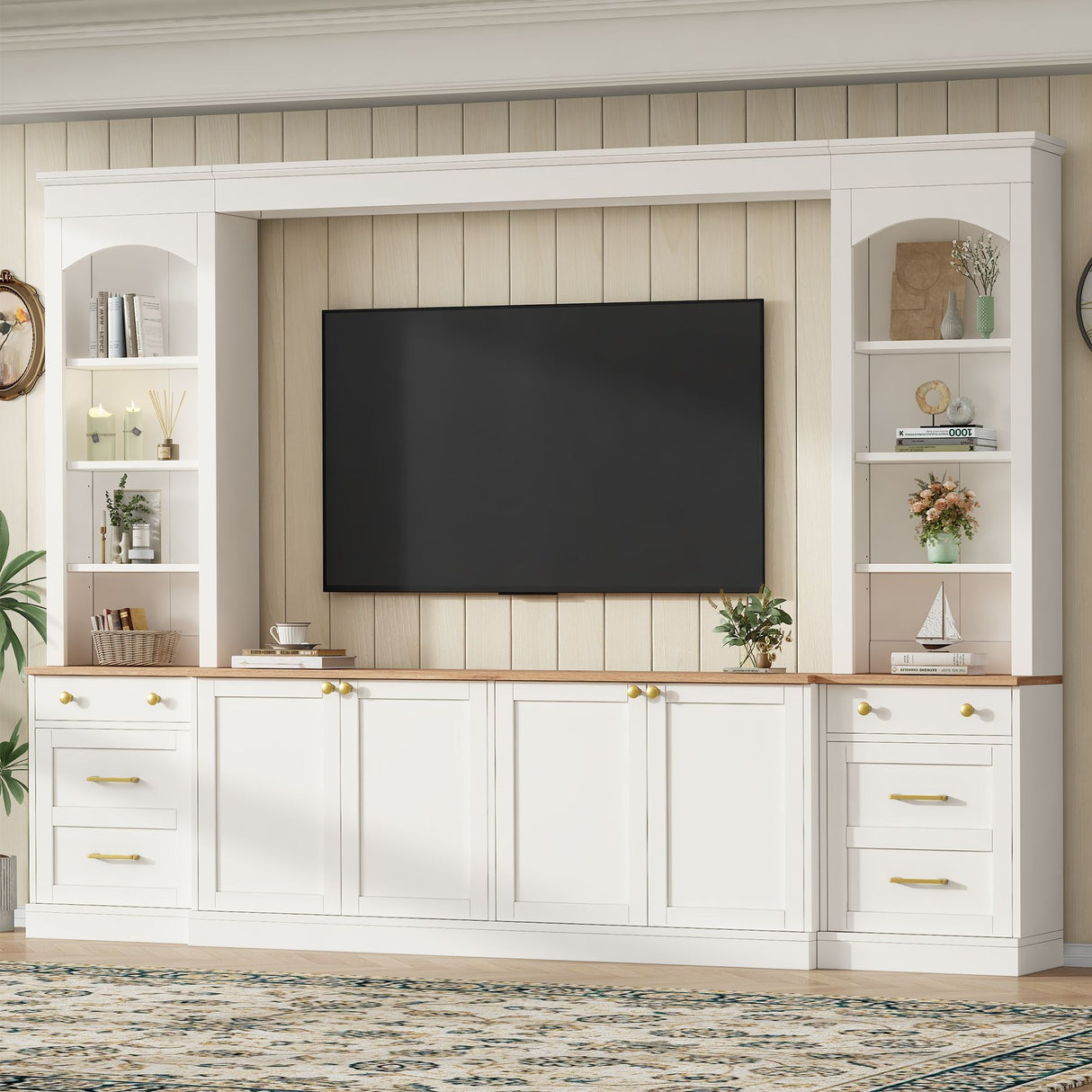 Arched Entertainment Center Wall Unit With Bookshelf, Retro Large TV Stand
