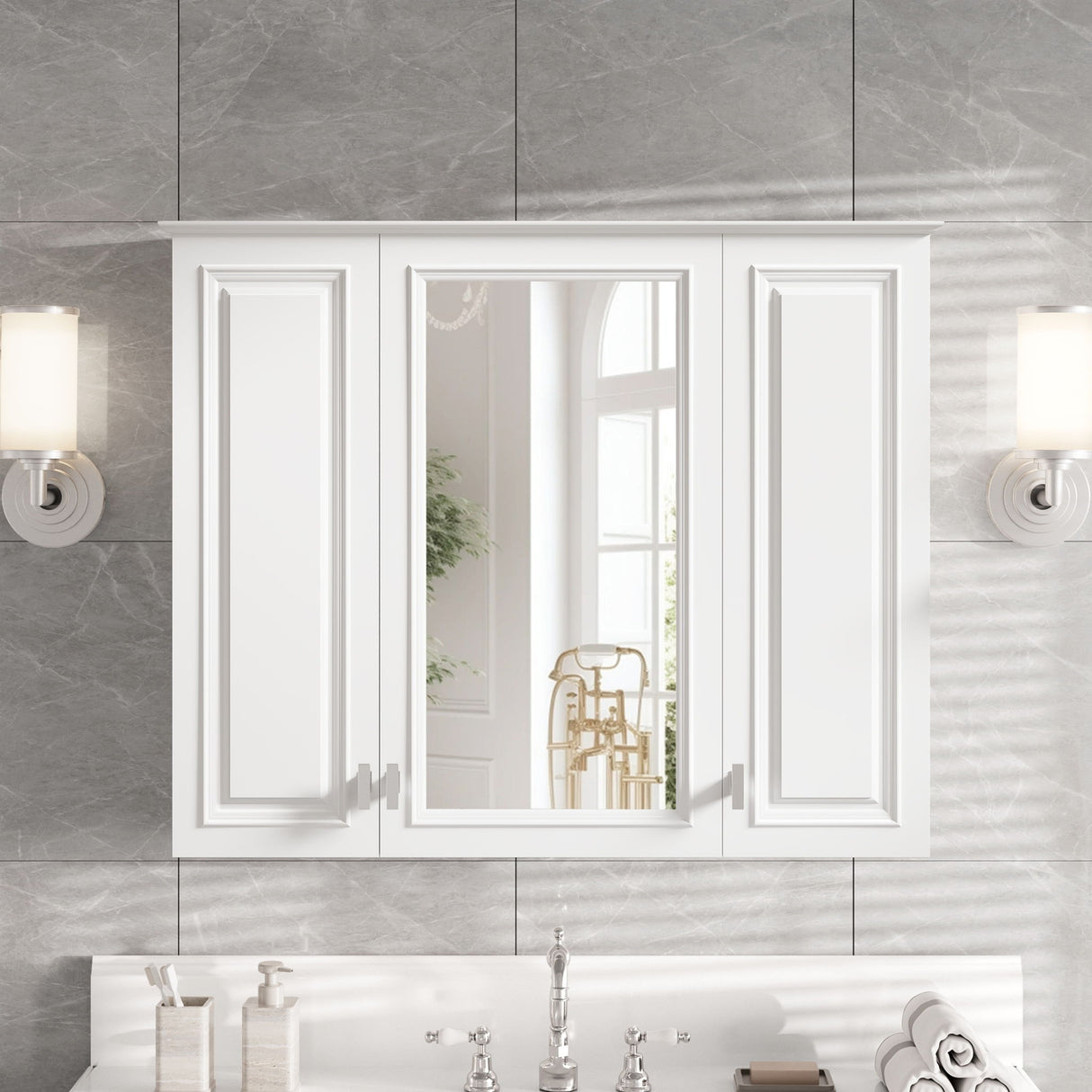 Wall Mounted Mirror Cabinet With 5 Adjustable Shelves, Rectangular Storage For Bathroom - White