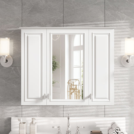 Wall Mounted Mirror Cabinet With 5 Adjustable Shelves, Rectangular Storage For Bathroom - White
