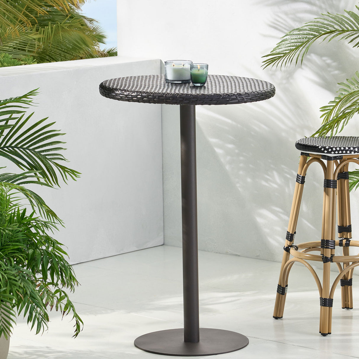 Outdoor Round Rattan Bar Table With Iron Frame - Multi Brown