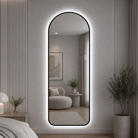 65" X 24" Arched LED Full Length Mirror With Frame, 3 Color Temperatures & Stepless Dimming - Black