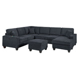 5 Piece Sectional Set With USB Port Left Arm Loveseat Chaise Right Arm Loveseat Corner Wedge Armless Chair Ottoman Upholstered - Black / Slate