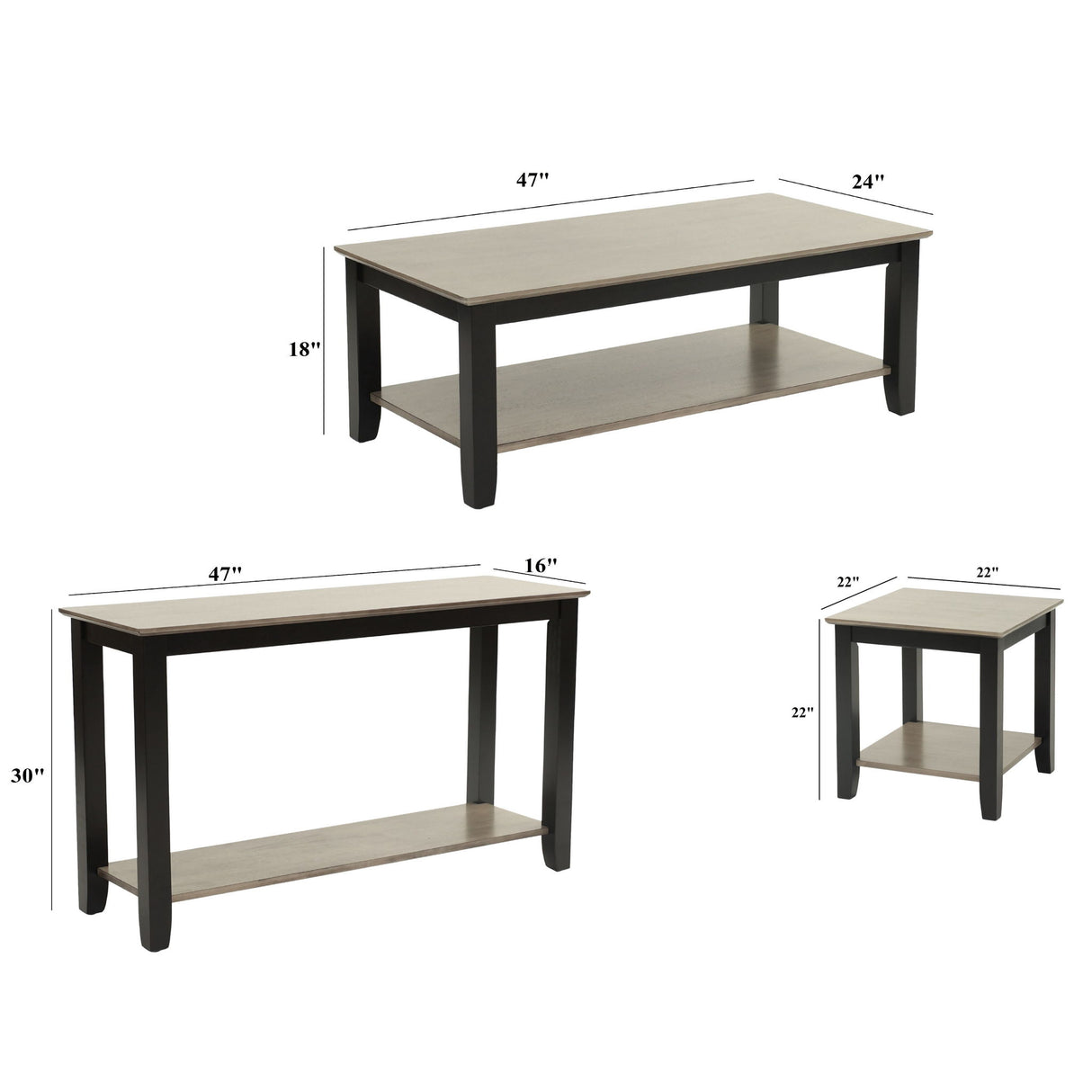 3 Piece Table Set With Open Shelf Storage, Includes Coffee, End & Console Table - Black / Black / Gray / Gray