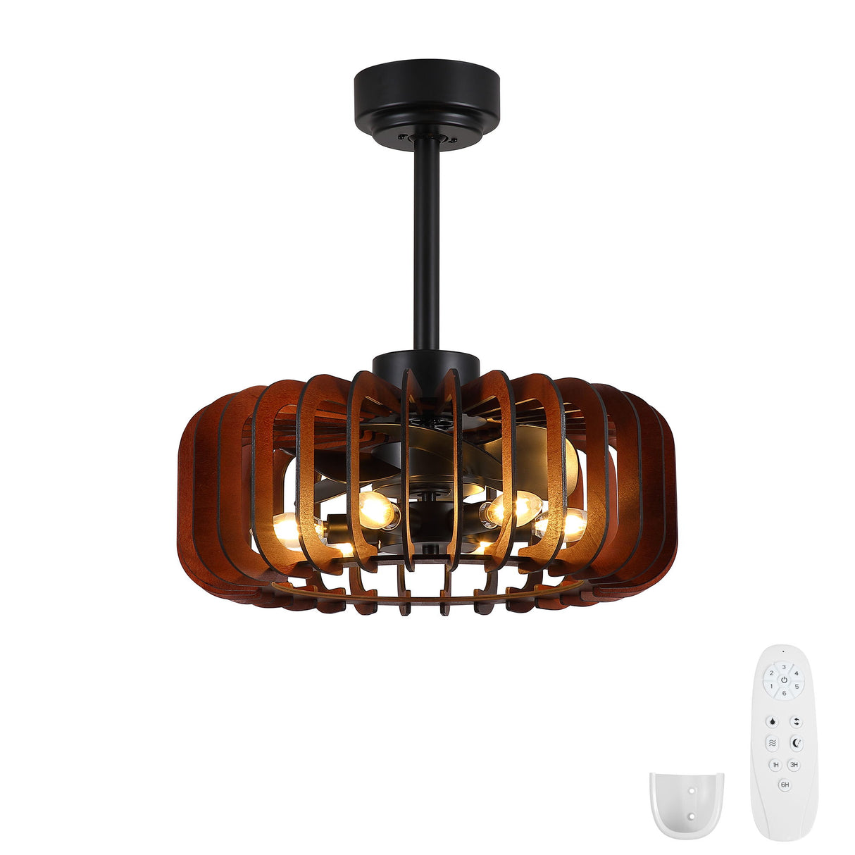 Ceiling Fan, Fandelier With 6 E12 Sockets, Reversible DC Motor, 6 Speeds, Remote Control, Adjustable Hanging - Black / Brown