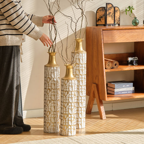 Floor Vases Large Vases Decorative High Vases (Set of 3) For Home Decor Vintage Large Vases Representing Twigs, Twigs Dried Flowers Living Room Antique Worn Vases - Antique White