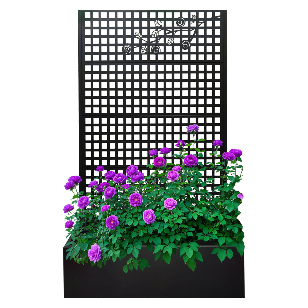 Planter Box With Trellis, Outdoor Raised Garden Bed With Privacy Screen Lattice Panels For Patio - Black