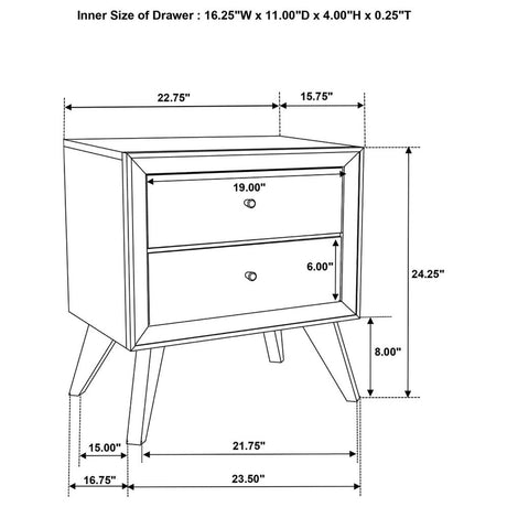 Nightstand With Angled Legs, Round Knobs, Wave Texture, 2 Drawer Bedside Table - White
