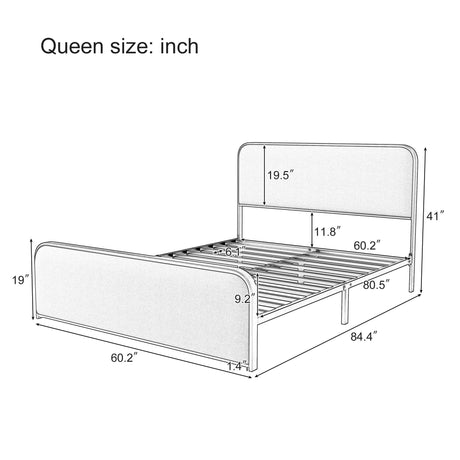 Queen Size Bed Frame With Curved Upholstered Headboard And Footboard - Beige / Gold