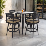 5 Pieces Outdoor Patio Bar Set, Rounded Square Sintered Stone Table & 4 Swivel Bar Chairs