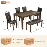 6 Piece Dining Table Set & Bench And Chairs For Dining Room - Dark Walnut
