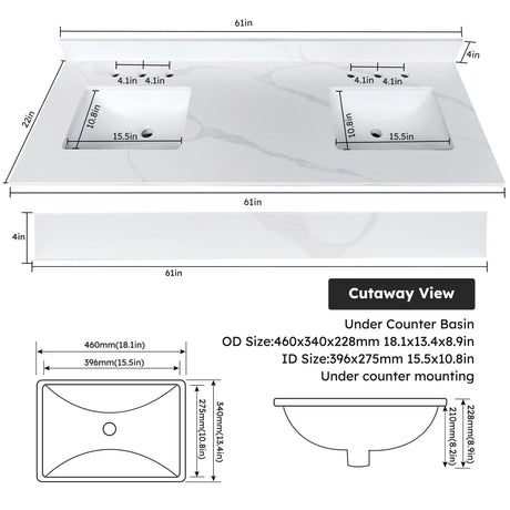 Bathroom Vanity Top With Undermount Sink, 3 Pre Drilled Holes