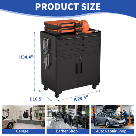 Rolling Tool Cabinet Heavy Duty Garage Storage With Lockable Doors & Drawers