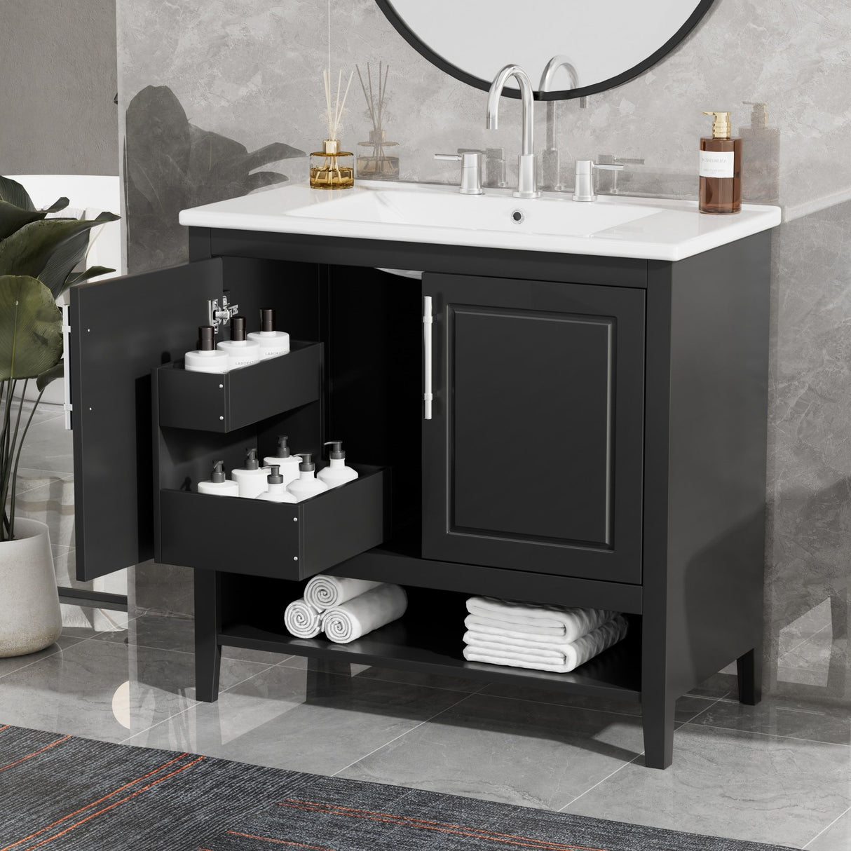 36" Bathroom Vanity With Sink, Frame Cabinet With Doors And Drawers - Black