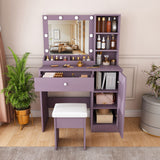Vanity Desk Set With Padded Stool And Adjustable LED Mirror, 3 Color Light Modes - Purple