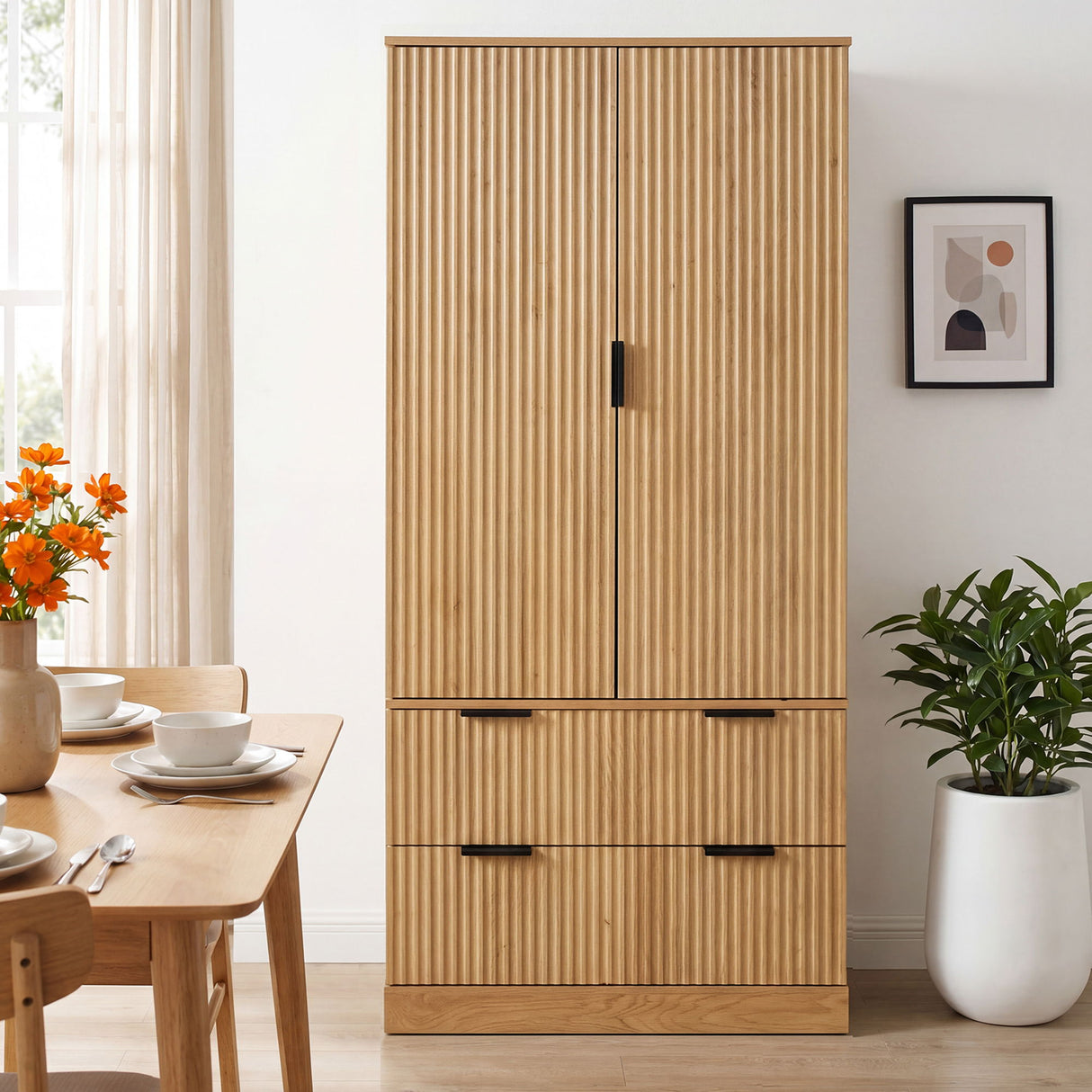 Fluted Kitchen Pantry Cabinet With 2 Large Drawers & 8 Door Spice Rack Freestanding Storage Organizer - Oak