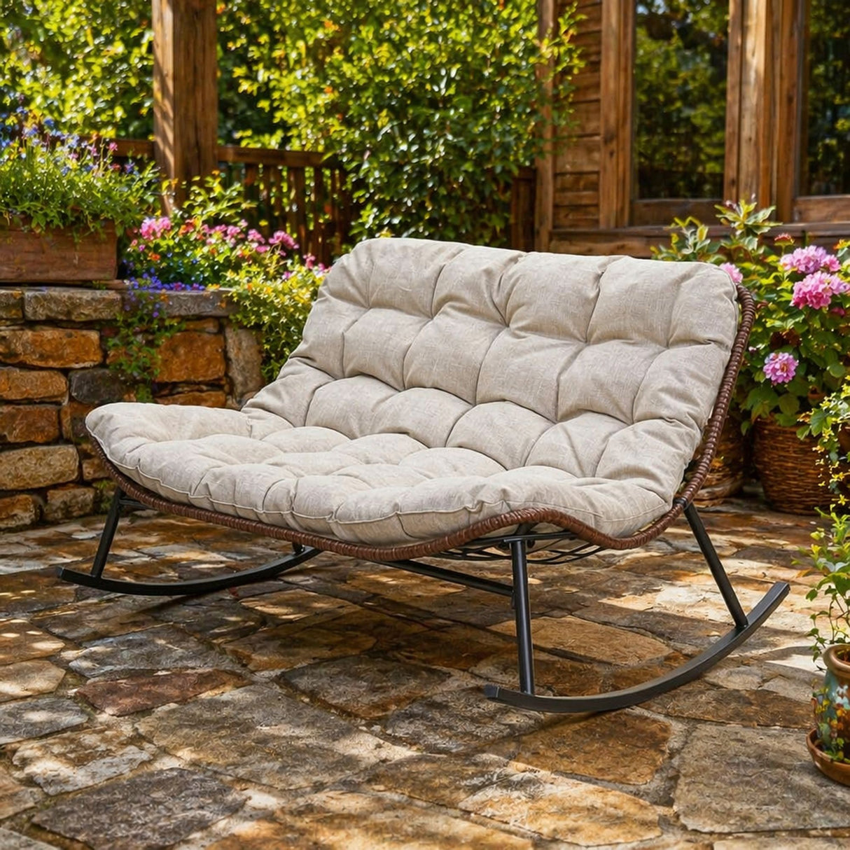 Double Wide Rocking Papasan Chair, 2 Person Outdoor Lounge Seating - Acacia Wood / Beige