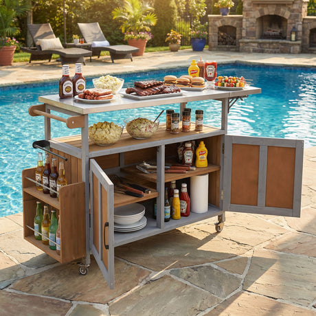 Foldable Outdoor Kitchen Island With Lockable Wheels, Storage Cabinet And Towel Rack For Patio