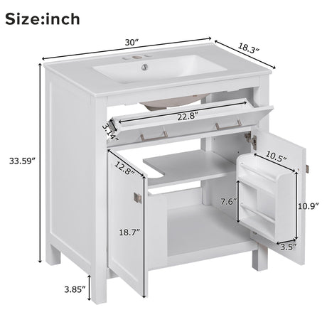 Bathroom Vanity With Ceramic Sink, Modern Single Bathroom Cabinet With 2 Doors And A Shelf, Soft Close Doors