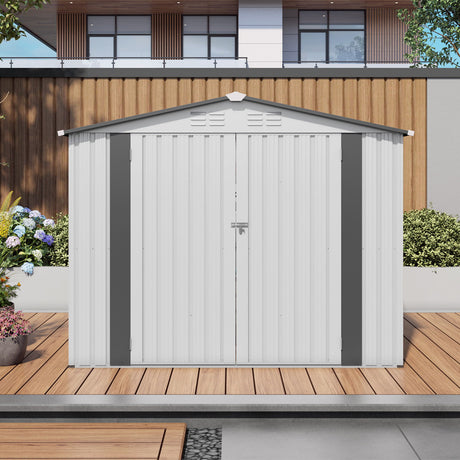 Outdoor Garden Storage Shed, Tool Shed With Pitched Roof Waterproof With 1 Window And 2 Lockable Door - White / Gray