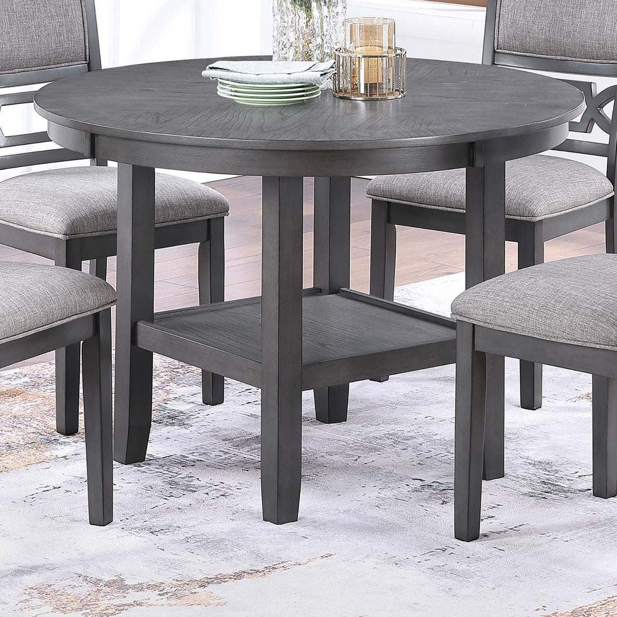 5 Piece Dining Set With Storage Shelves Round Table And Upholstered Side Chairs - Gray