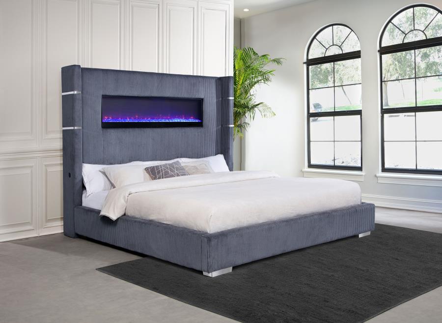 Tisdall Upholstered Eastern King Flame Visualizer Bed Grey - 306030KE